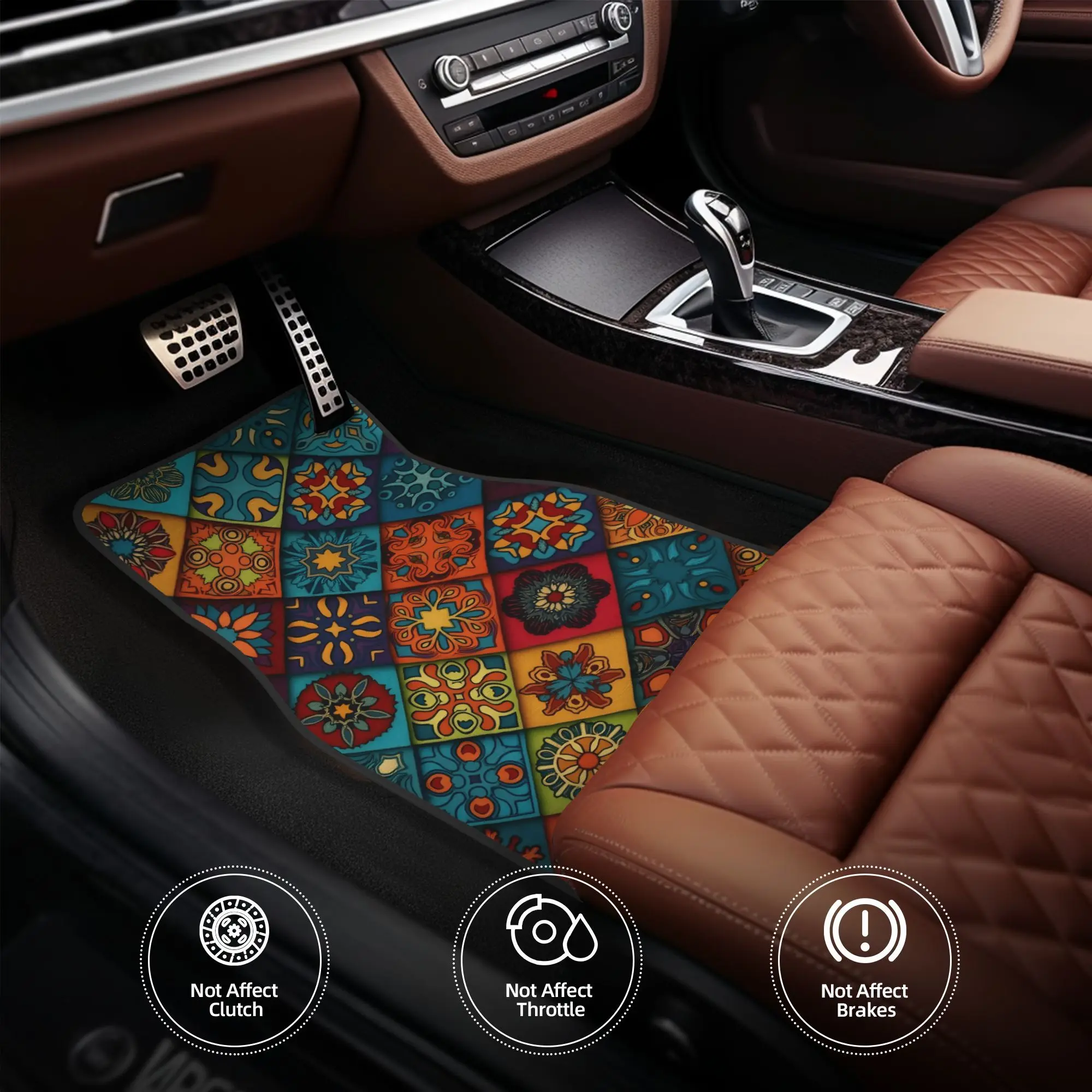 4pcs Colorful Tile Art Design Car Mats, Vibrant Complex Geometric Elements, Enhances Interior Vitality, For All Vehicles