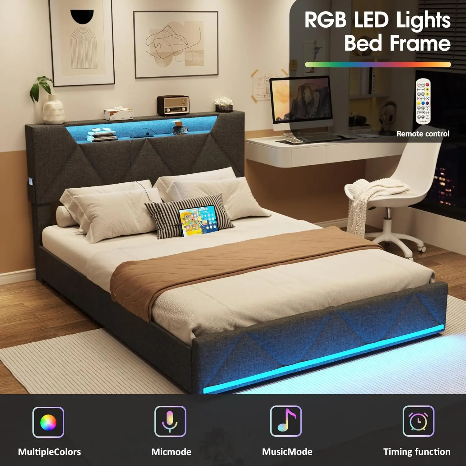 Queen Size Quadro Cama com Armazenamento Cabeceira e 4 Gavetas, Almofada Plataforma com Estação de Carregamento e Luzes LED