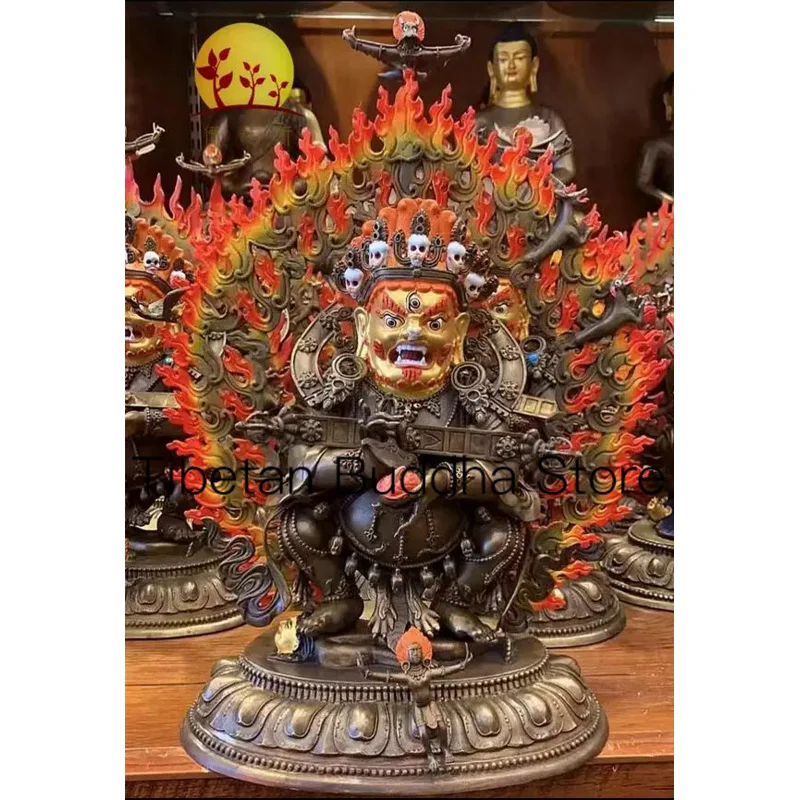 

25cm Two armed Mahagala Buddha statue black robed Vajra pure copper protector statue precious staff guardian master