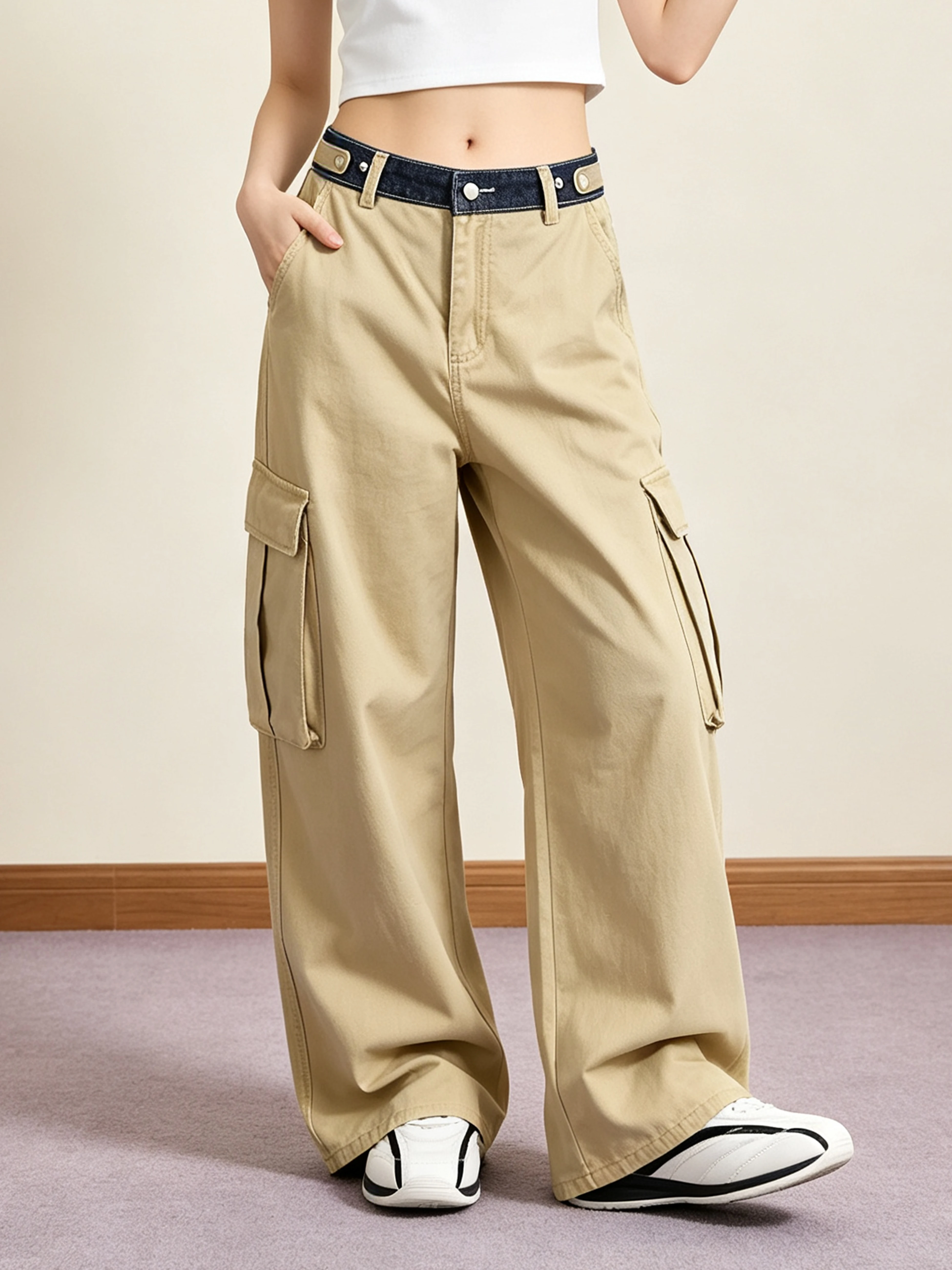 American Style Wide Leg Work Pants Women's Color Block Waist Loose Floor Length Neutral Long Trousers Casual Cotton Pants