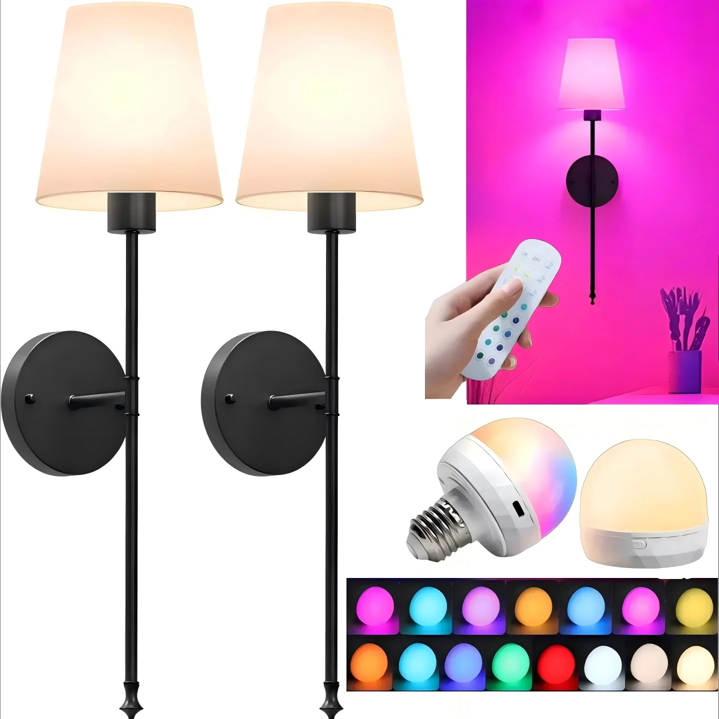 Wall Sconces Set of Two, Rechargeable Wall Lights with Magnetic Bulb and Remote, Dimmable Wall Lamps with RGB & Timer, Cordless