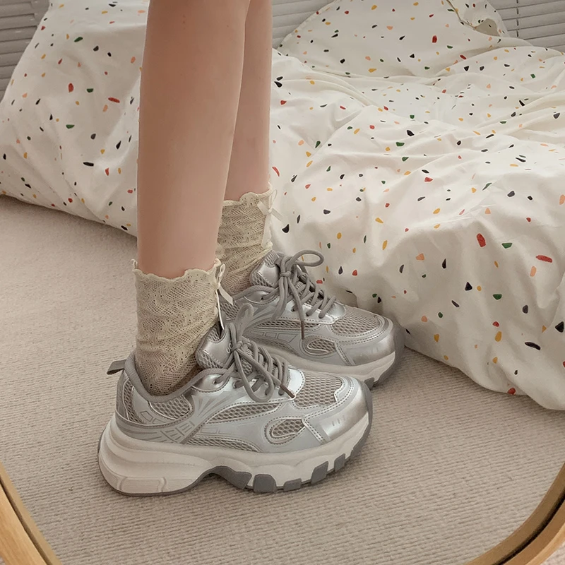 Sneakers Mesh Shoes Women's Heels Platform Tennis Female Woman shoes Breathable 2024 Thick Sole Fashion Casual Trainers Roses