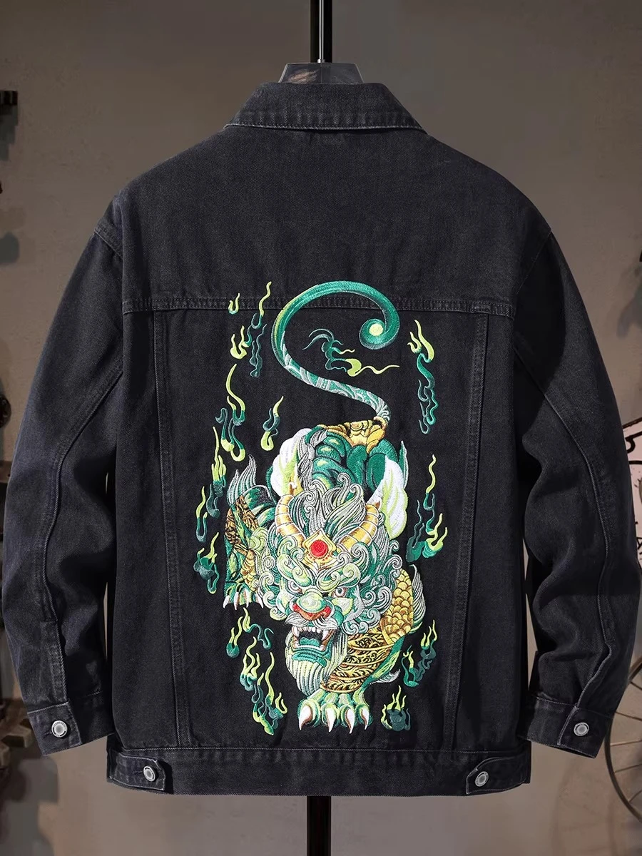 

Denim Jacket Man Vintage Embroidery Jean Jacket Men Distressed Chinese Retro Coat Harajuku Fashion Spring Autumn High Quality