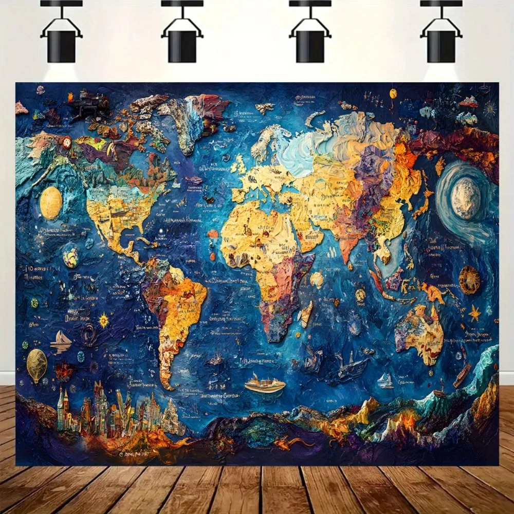 Wonderful World Map Logo Space Banner Background Cloth, Adult Boy Birthday Party, Home Decoration Photography Studio Background