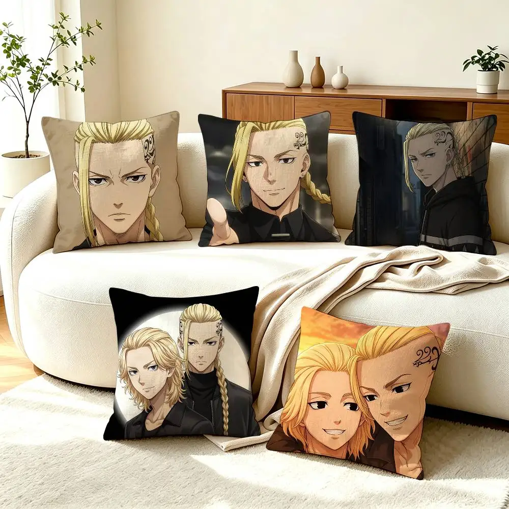 T-Tokyo Revengers K-Ken Ryuguji  Square Double-Sided printed Pillow Case Bedroom Bedside Pillow Sofa Cushion Cover