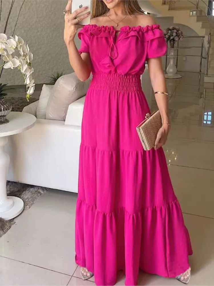 Summer Women Green Dress Fashion Elegant Short Sleeve Ruffles Maxi Casual Dresses Female Office Loose Dress New 2024 Vestidos