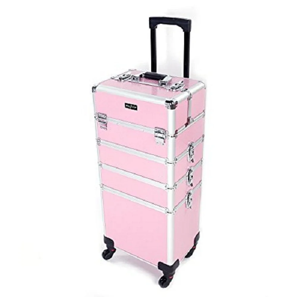 

4 in 1 Rolling Makeup Train Case, Aluminum Makeup Travel Organizer Cosmetic Case, Cosmetology Display Suitcase on Wheels