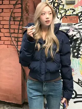 Autumn Winter Fur Hooded Jacket Women Outerwear Thick Dowon Cotton Padded Slim Short Parkas Female Cropped Puffer Bubble Coat 3