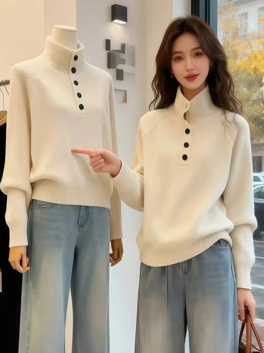 

Стильный белый вязаный свитер с высоким воротником и длинными рукавами на пуговицах, женский повседневный осенне-зимний модный универсальный свободный топ