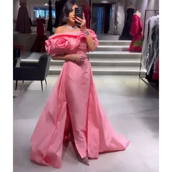 Pink Evening Dresses with Detachable Train Off the Shoulder Pleated Birthday Party Gown Sweep Train Robe De Soiree