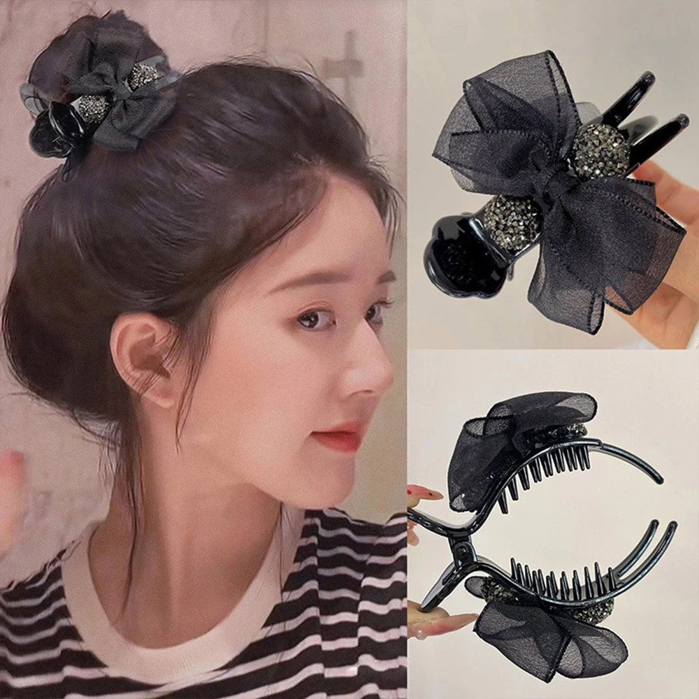 

2 шт., изысканные заколки для волос с кружевным бантом и стразами, черные заколки для волос с бантом во французском стиле, аксессуары для волос, головные уборы для женщин и девочек