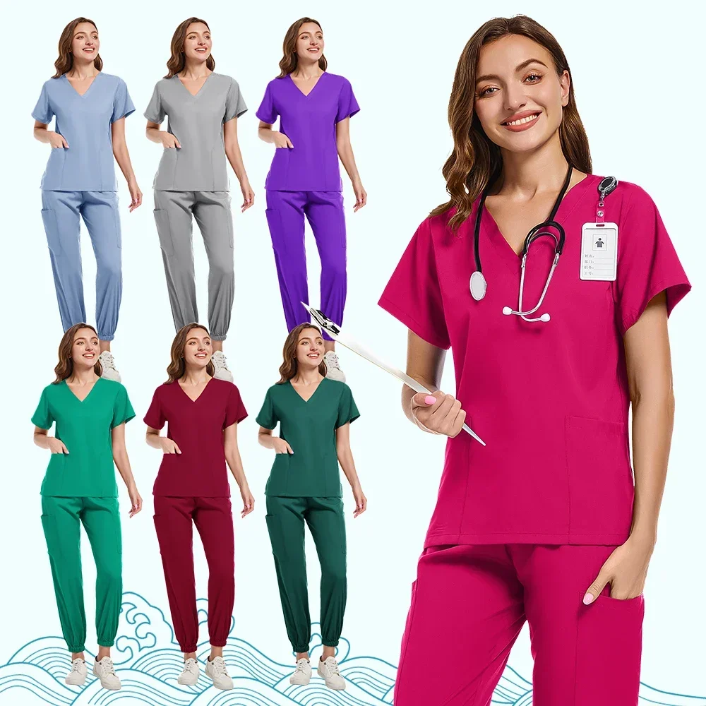 

Medical uniform elastic scrub suit hospital doctor clinical surgery set nurse care dental clinic beauty salon work clothes,