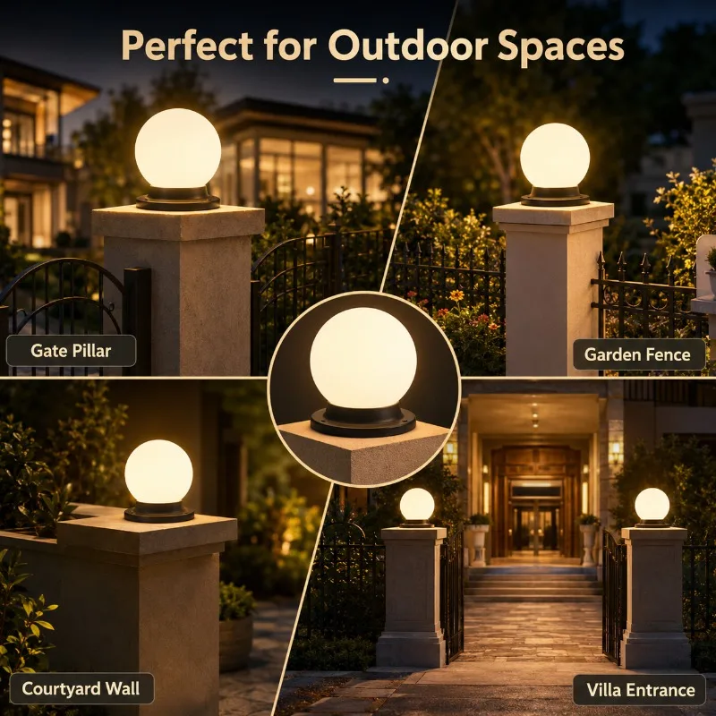 Solar Outdoor Globe Post Light Waterproof PE Globe Lamp Garden Courtyard Villa Fence Gate Pillar LED Decorative Lighting