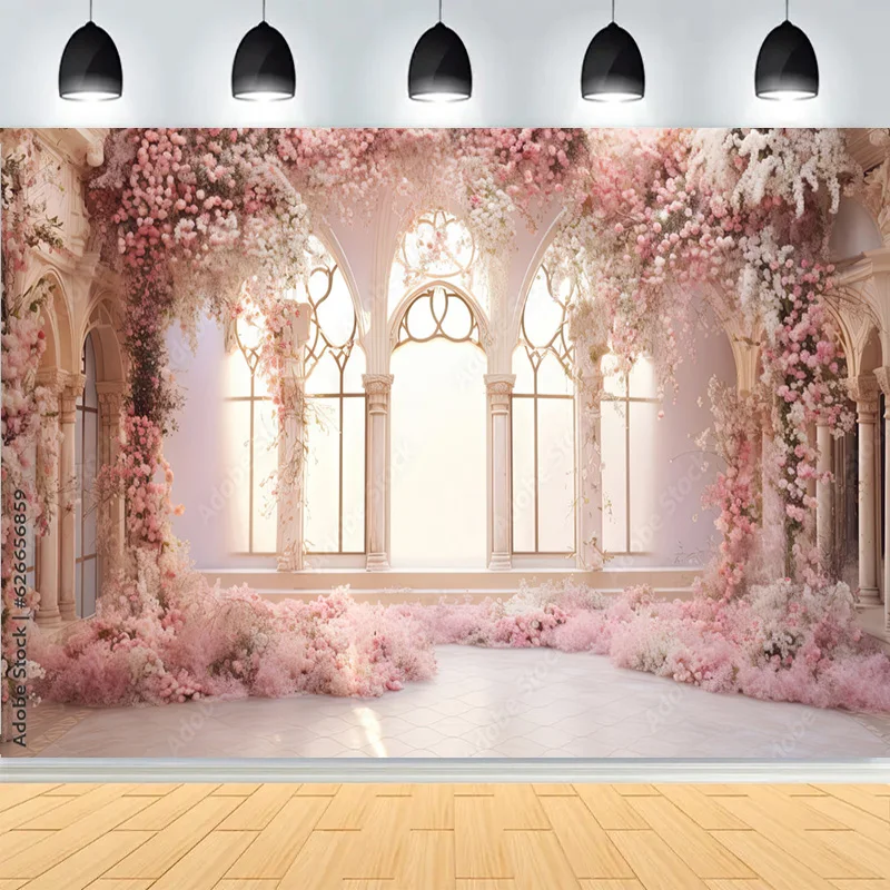 

Elegant White Wedding Hall Beautiful Palace Castle Photography Backdrops Elegant Pastel Flower Photo Studio Background DT-01