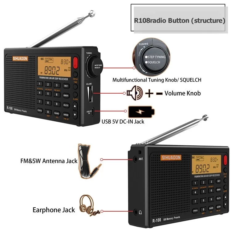 SIHUADON-R108 All-wave Radio, Botão multifuncional, Display LCD, Rádio portátil, Bateria de lítio, Camping, Home Gift