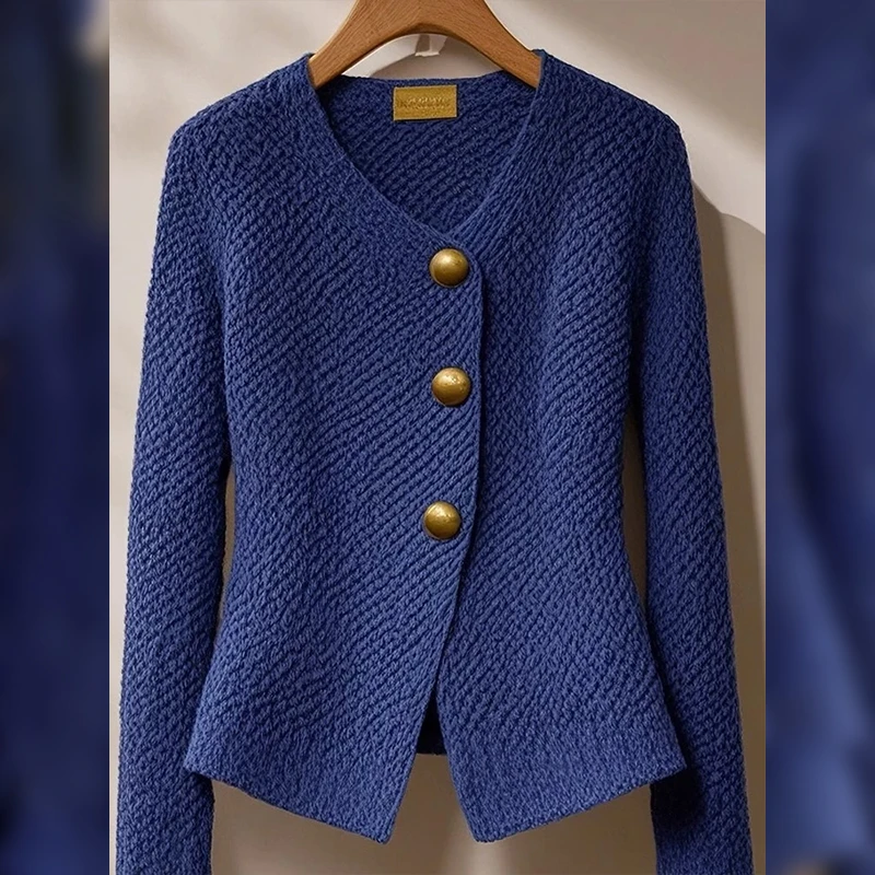 Autumn Winter Fashion Solid Chic Button Thick Knitter Cardigan Women's Clothing Elegant Wool Slim V-neck Blue Sweaters C61