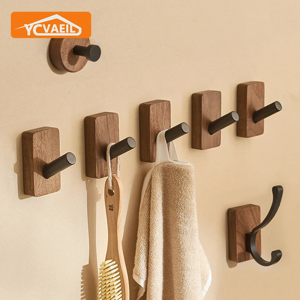 Wall Hanging Robe Hooks Solid Wood Bathroom Clothes Hook Home Decoration Punch-free Living Room Bedroom Robe Hook Accessories