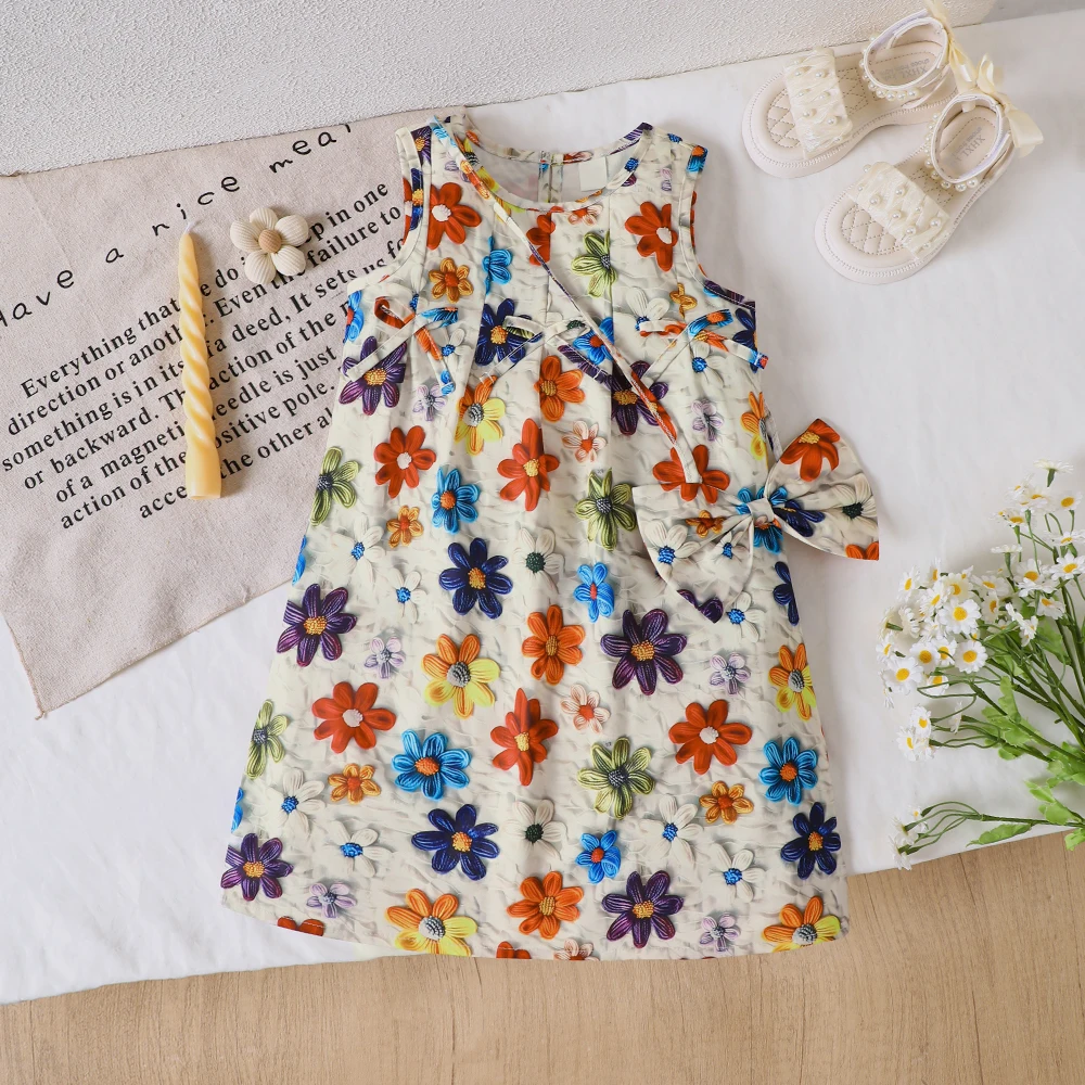 Girls' summer sleeveless three-dimensional flower bow dress