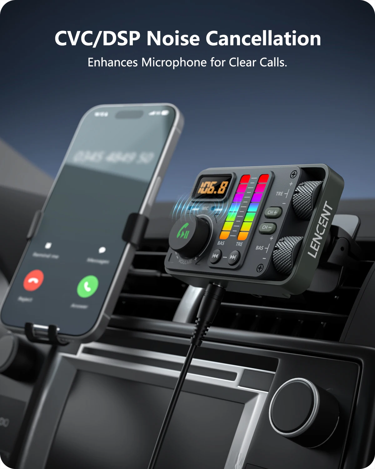LENCENT Bluetooth 5.3 Car FM Transmitter, Hi-Fi Treble & Bass Music Player, PD20W QC18W Fast Car Charger, Radio Bluetooth Car Ad