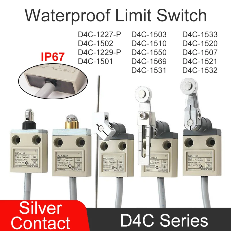 

D4C-1521 Компактный закрытый концевой выключатель Роликовый рычаг VCTF Маслостойкий кабель D4C-1507 5A 250VAC D4C-1520 Концевой выключатель хода