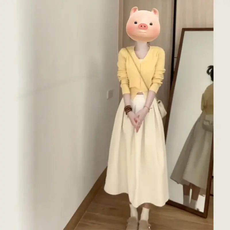 Jaune Long Sve Dr ensemble femmes nouveau Sle début automne système coréen petite taille t-shirt quart Sve coton décontracté Dr