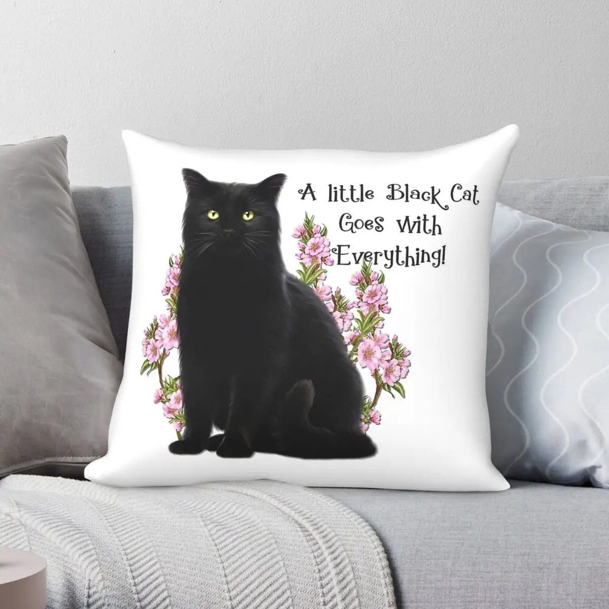 Black Cat Goes With Everything Square Pillowcase Polyester Linen Velvet Creative Zip Decor Sofa Cushion Cover 18