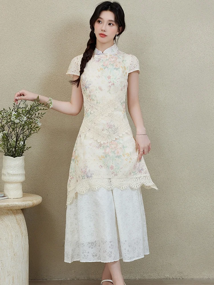 SMTHMA ประณีตใหม่สไตล์จีน Cheongsam ผู้หญิงฤดูร้อนชุดสุภาพสตรี Lace Hollow Out ปลอม 2 ชิ้นชุดเย็บปักถักร้อยดอกไม้