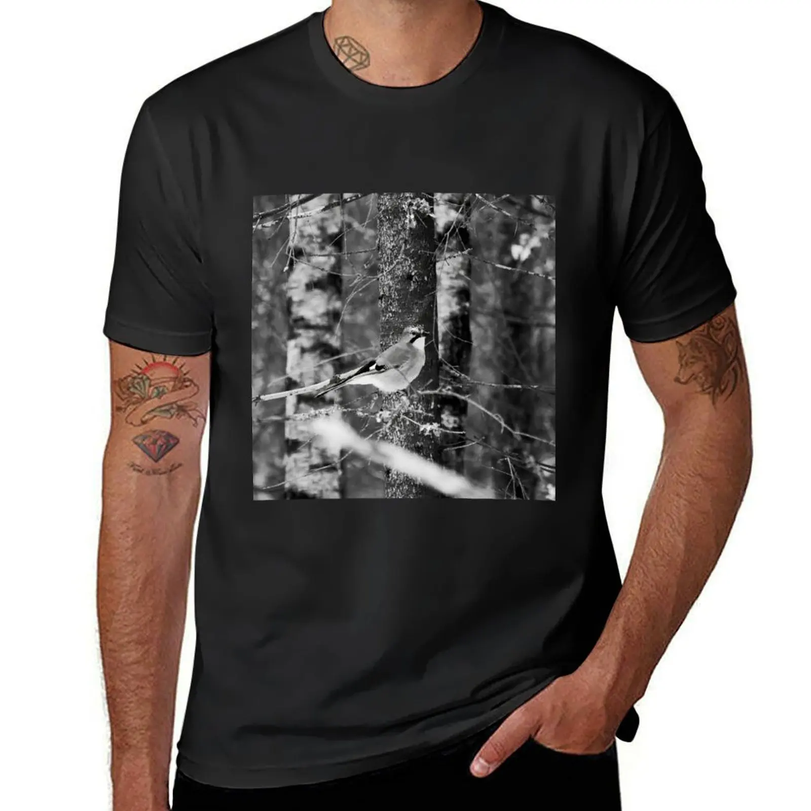 From the forest. Eurasian jay bw T-Shirt blanks tees Blouse tops Men's t shirts