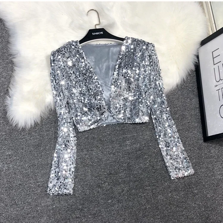 

Open Crop Top Sequin Jacket Long Sleeve Cape Coat Slim Cropped Fall Summer Sequined Outfit Shrug Luxury y2k women clothing party