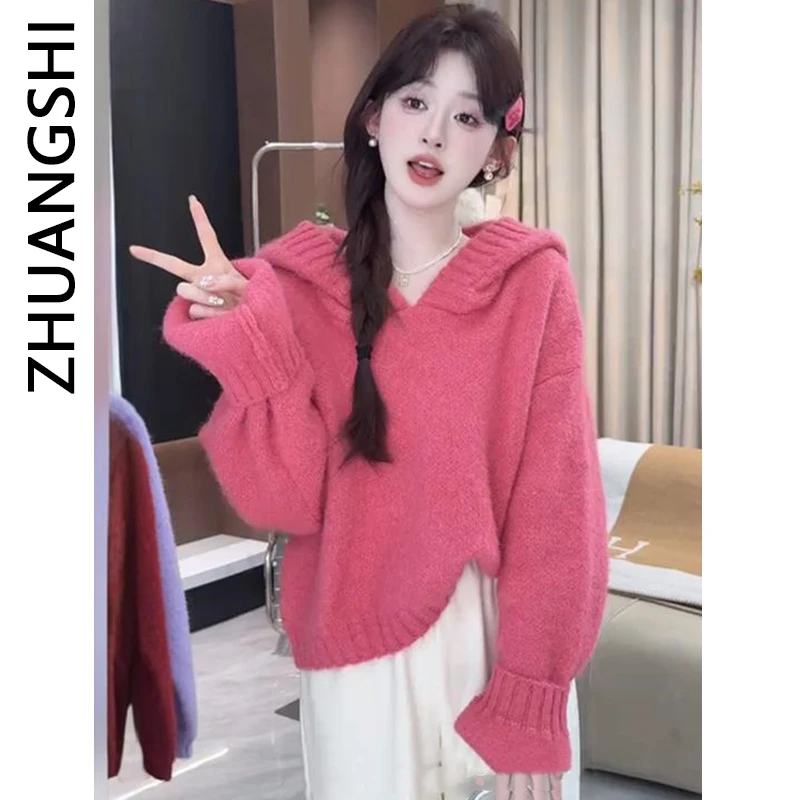 

Korean Style Pink Hooded Knit Sweater Women's Winter Thickened Lazy Fashion Loose Fit Thermal Top Online Exclusive