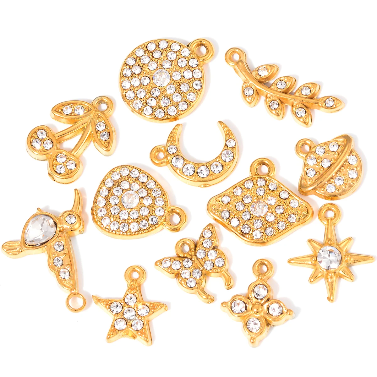 5PCS Stainless Steel Rhinestone Butterfly Cherry Leaf Moon Star Charms DIY Jewelry Necklace Bracelet Earrings Making Supplies