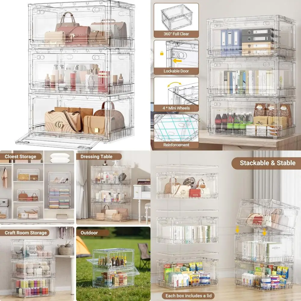Contenedores de almacenamiento apilables transparentes grandes con tapas y ruedas, capacidad de 240 cuartos, cajones de plástico plegables para organización de armario