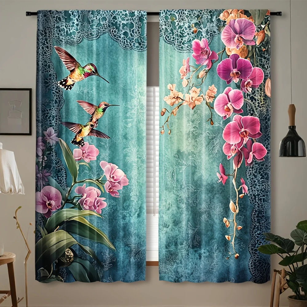 

Hummingbird Orchid Curtains Floral Art Window Drapes Nature Design Home Decor Boho Theme Living Room