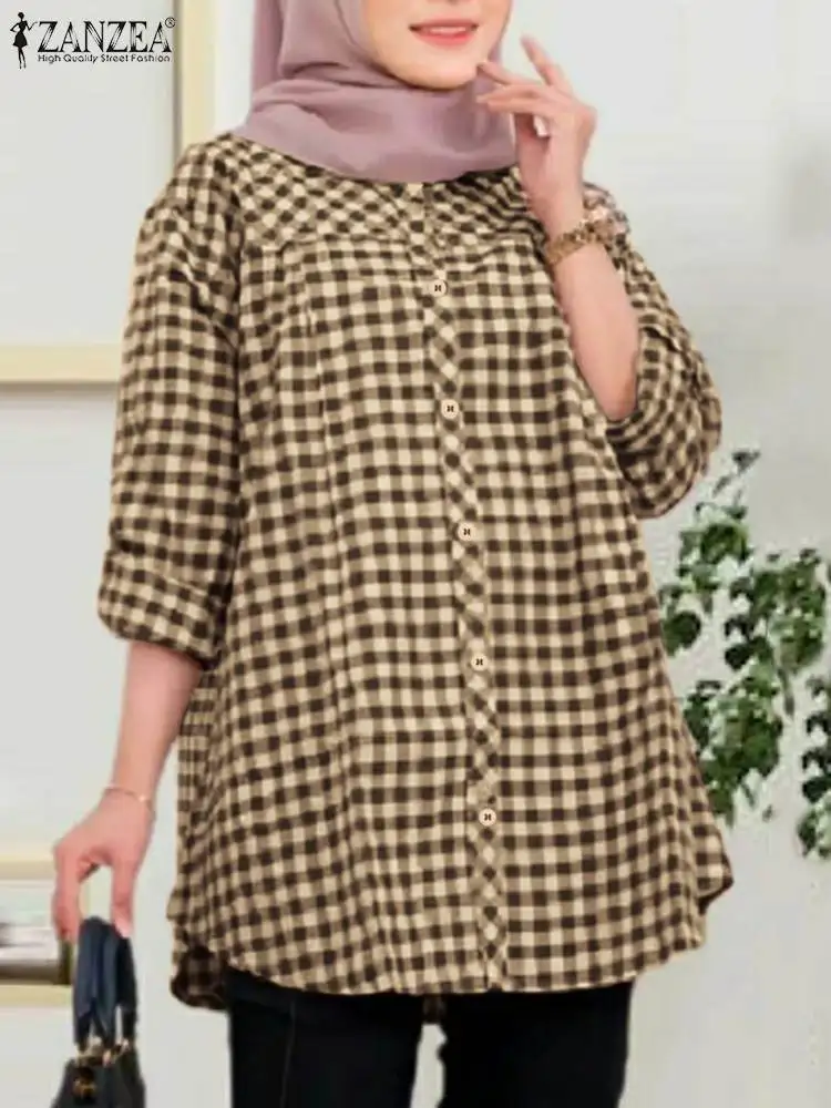 

ZANZEA Vintage Long Sleeve Blouse Mulsim Long Shirt Turkey Abaya Women Plaid Checked Tops Casual Loose Blusas Kaftan Oversize