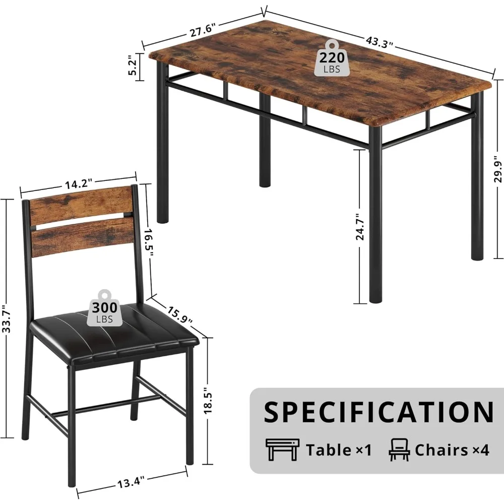 Juego de mesa de comedor para 4, mesa de cocina de madera con sillas tapizadas para cocina y espacios pequeños, marrón rústico