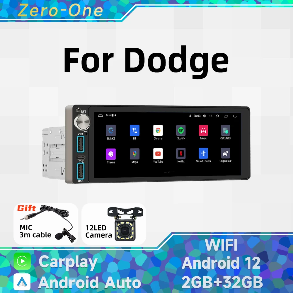 

Wireless Carplay Autoradio 1 Din Radio Android 13 Car Multimedia for Dodge 6.86" Screen Stereo Head Unit GPS Navigation Wifi BT