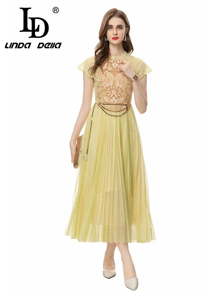 LD LINDA DELLA 2024 Summer Fashion Elegant Pretty Dress Women Embroidery Hollow Out Net Yarn Butterfly Sleeve Long Dresses