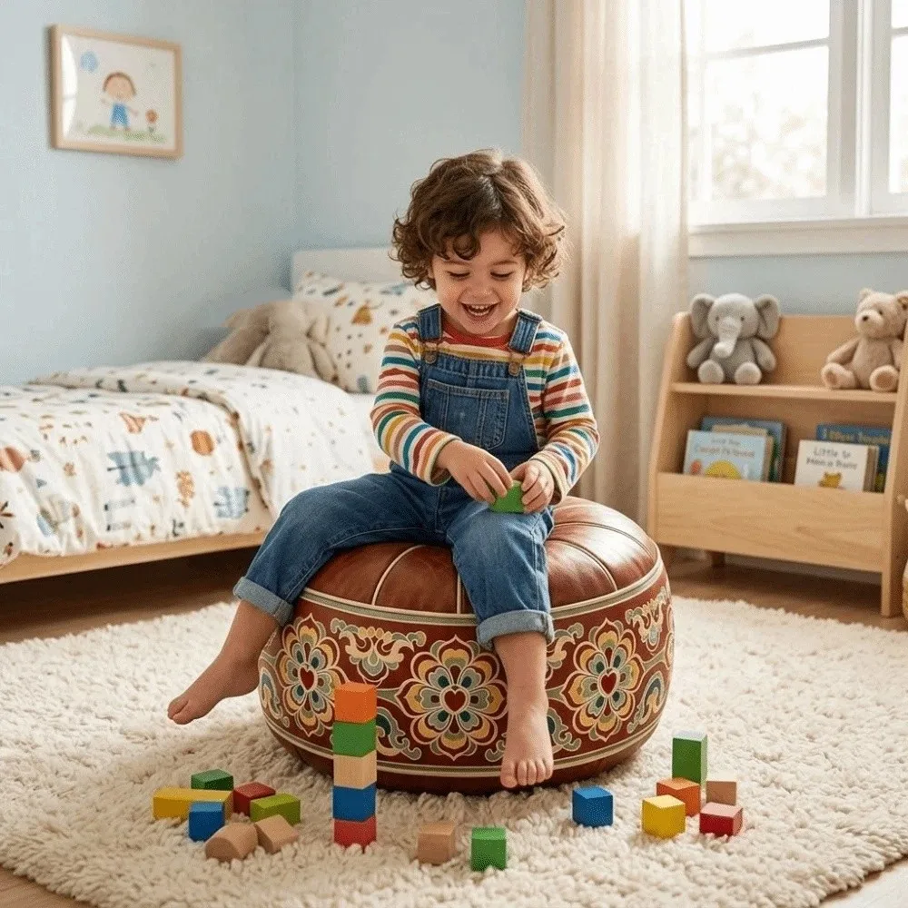 PU Leather Sofa Stool Cover Round Water Resistant Footstool Cover Unfilled Foldable Bean Bag Cushion Cover Balcony