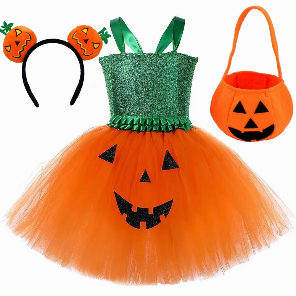 Girls Halloween Pumpkin Costume for Kids Green Orange Tulle Tutu Dress Toddler Girls Carnival Party Disguise Dress Up Outfits