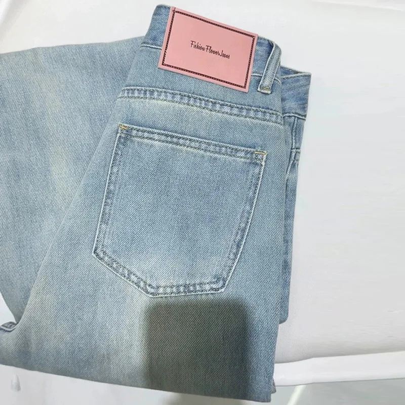 American personality loose thin jeans female spring and autumn style straight high waist all drapery feeling wide leg trousers