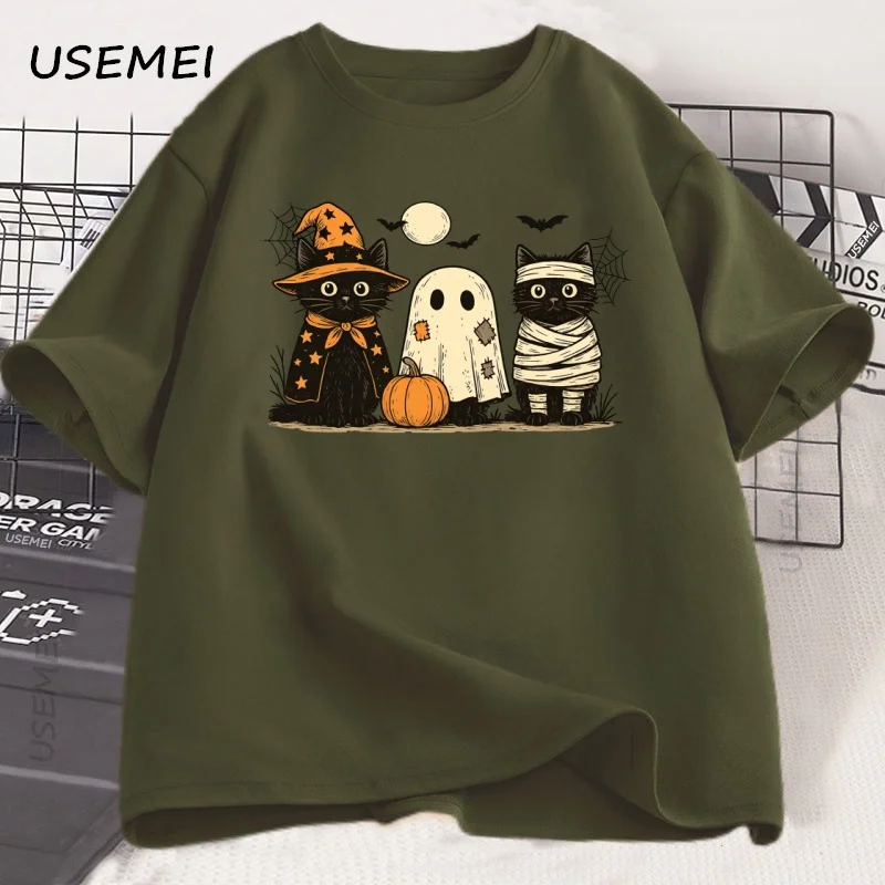 أسود القط اليقطين التي شيرت أشباح القوطية الخريف القط ماما تي شيرت هالوين موسم مخيف تي شيرت مطبوع للجنسين القطن قصير الأكمام