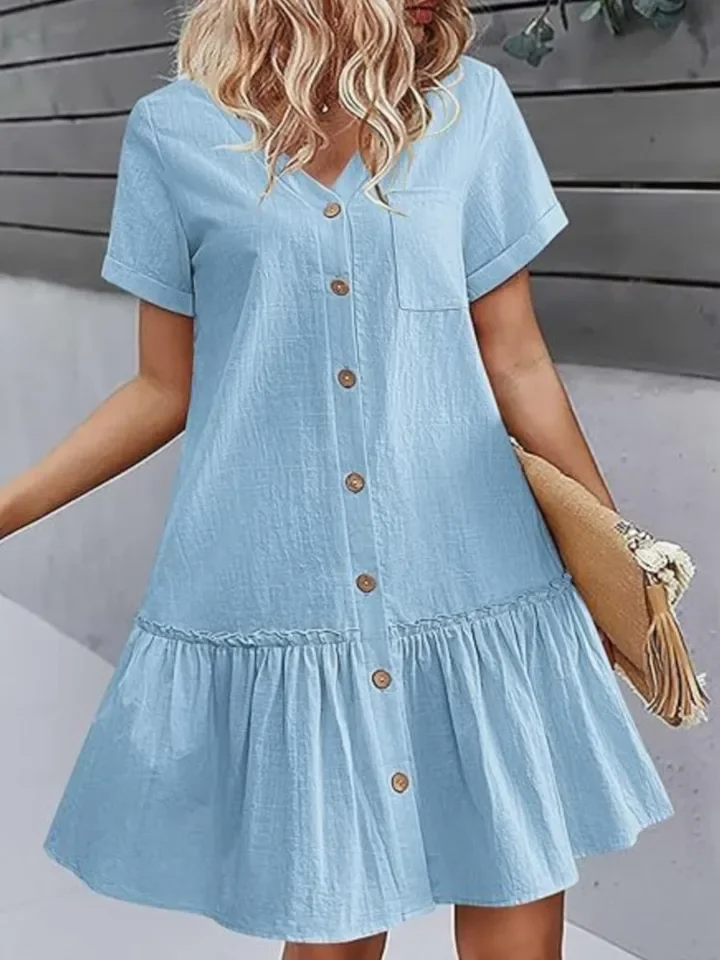 

Casual Solid Ruffles Dress For Women Fashion Short Sleeve V Neck Button Dresses Lady Summer Holiday Streetwear Womens Clothing