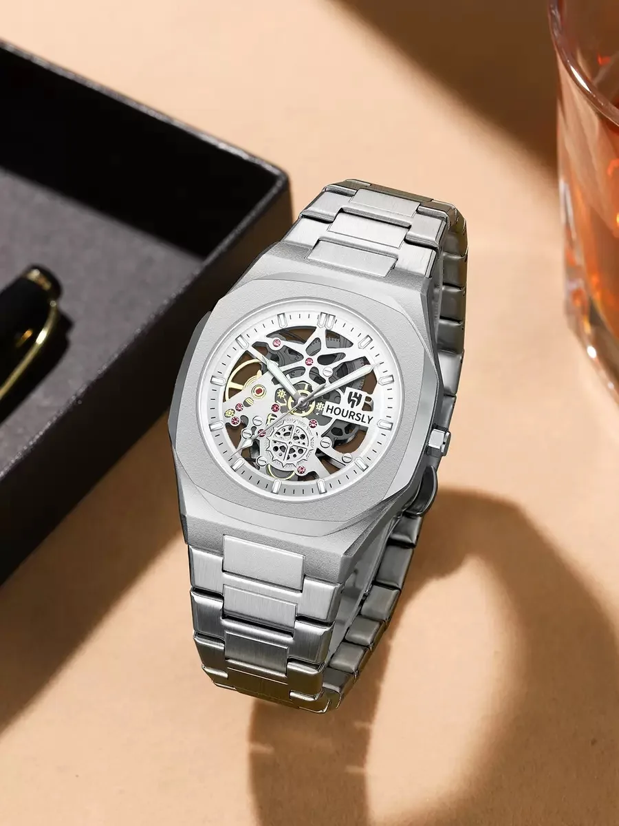 New Fashion Octagonal Men Watches Stainless Steel Strap Date Week Hollow Out Quartz Wristwatch Male Clock Relogio Masculino