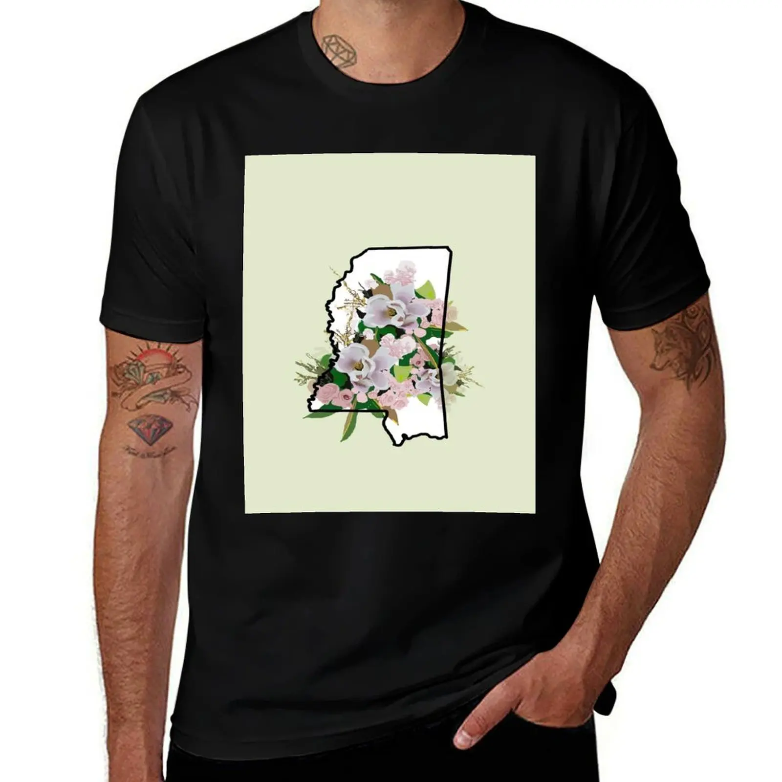 Mississippi State Outline with Magnolia Flower T-Shirt Soft Anti-Shrink Cotton Tee T-Shirt