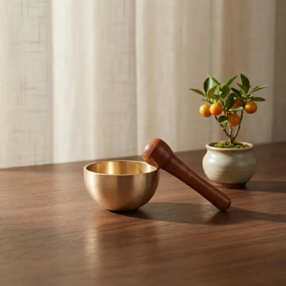 Copper Mini Brass Chant Bowl Hand Design With Wooden Mallet Meditation Sound Bowl Sandalwood Harmonious Sound Copper Chant Bowl