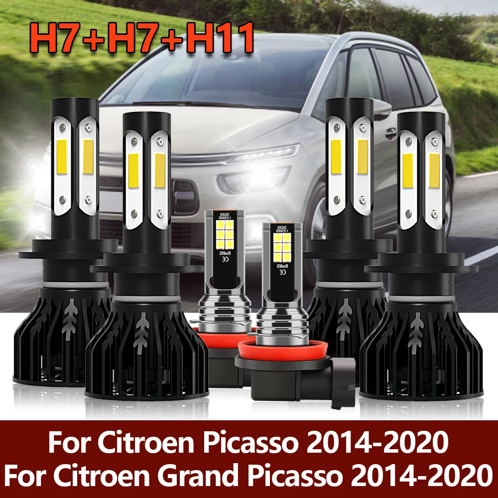 LED Headlight Four-sides 360° Bulb H7 High Low+Car Fog H11 Lamp Kit For Citroen Grand Picasso 2014 2015 2016 2017 2018 2019 2020