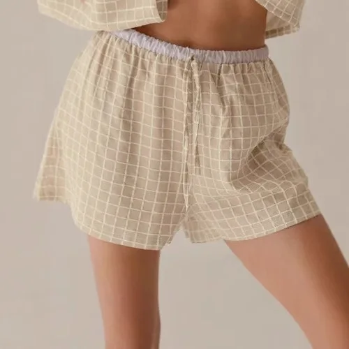 2025 verão nova xadrez retalhos camisa shorts de perna larga conjunto de duas peças com design elegante