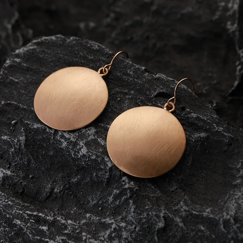 Brushed Metal Concave Disk Drop Earrings Matte Gold Silver Color Geometric Round Plate Dangle Earrings Modern Daily Jewelry
