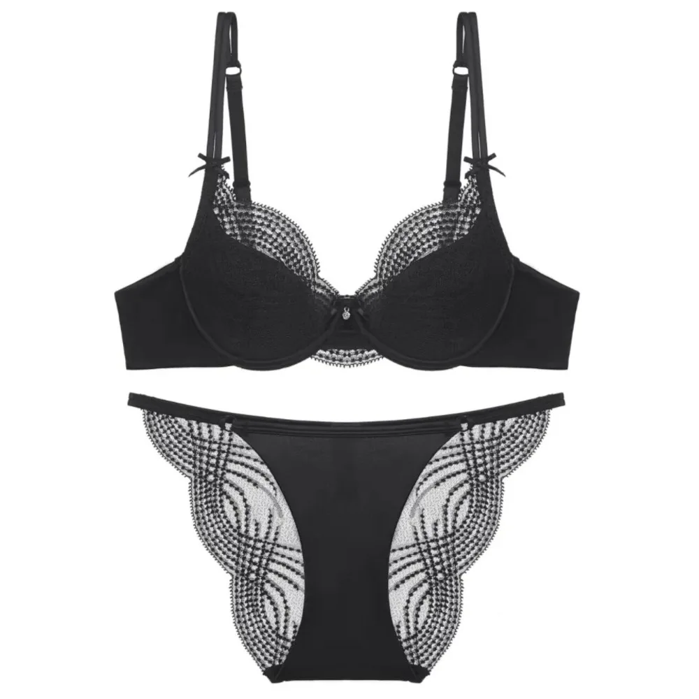 BANERDANNI Ladies Half Cup 2Pcs Underwear Suit Thin Cup Soft Underwire Push Up Side Fat Control Anti Sag Bra Panty S-XL Bra Set