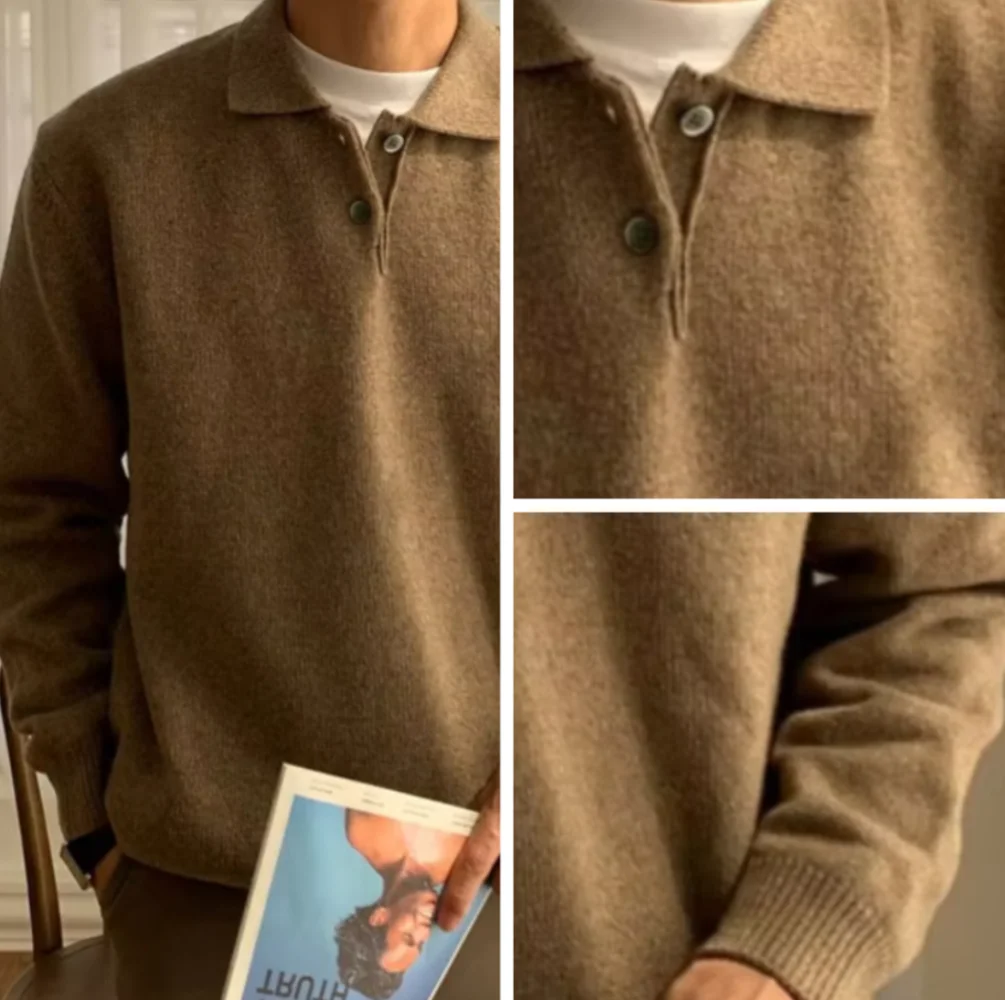 New Winter Men Pullovers Turn-down Collar Button Design Solid Color Casual Knitted Tops Loose Pullover Male Sweaters